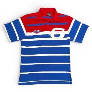 Vtg FUBU Athletic Collection Striped Polo Shirt Blue/Red/White Medium 05 Patch